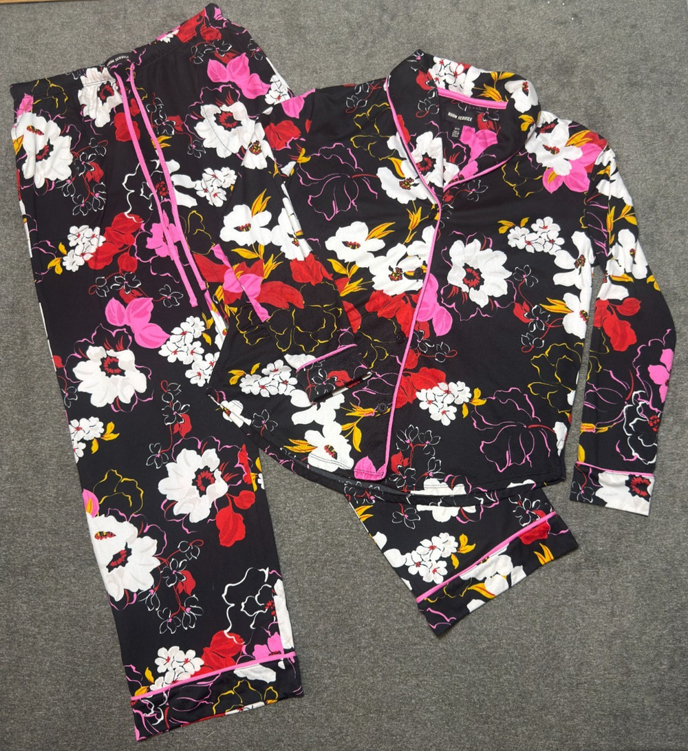 Room Service S Black Pink Floral Pajama Set Long Sleeve Shawl Collar Top Pants